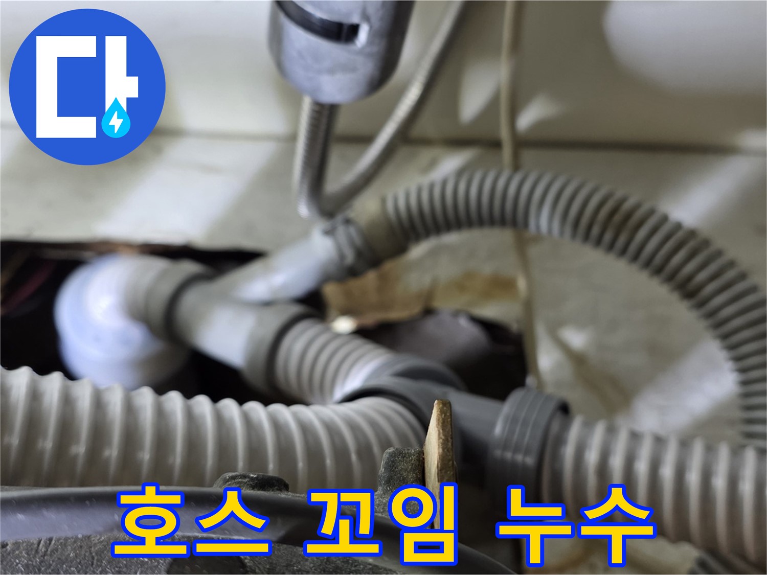 세탁기 배수 호스 꼬임으로 인한 누수 - 호스 꼬임을 풀고, 위치를 조정하여 누수를 해결했습니다.