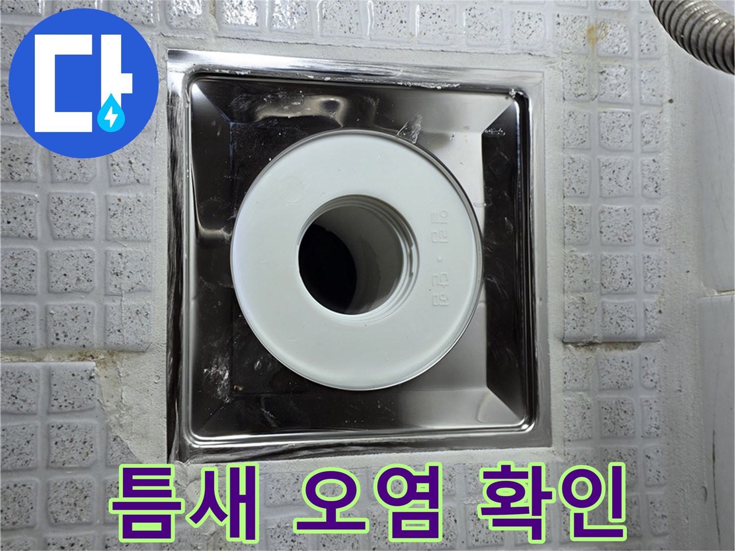 배수구 주변 타일 틈새 오염 상태를 확인하여 누수 초기 증상 여부를 점검하는 모습 - 세심한 관찰이 필요합니다.