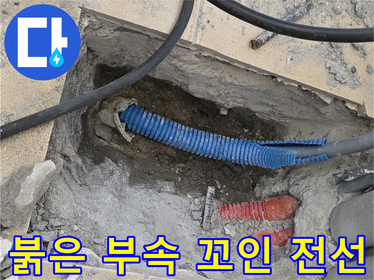 삼숭동 자이 누수 - 굴착 후 붉은색 부속과 꼬여있는 파란 전선관 발견 - 복잡하게 꼬여있네요