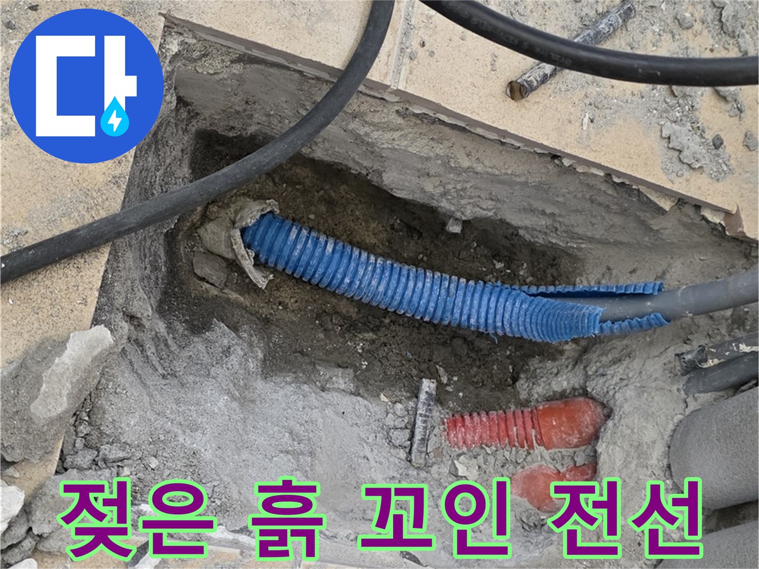 양주 삼숭동 누수 - 굴착 후 드러난 젖은 흙과 함께 꼬여있는 전선