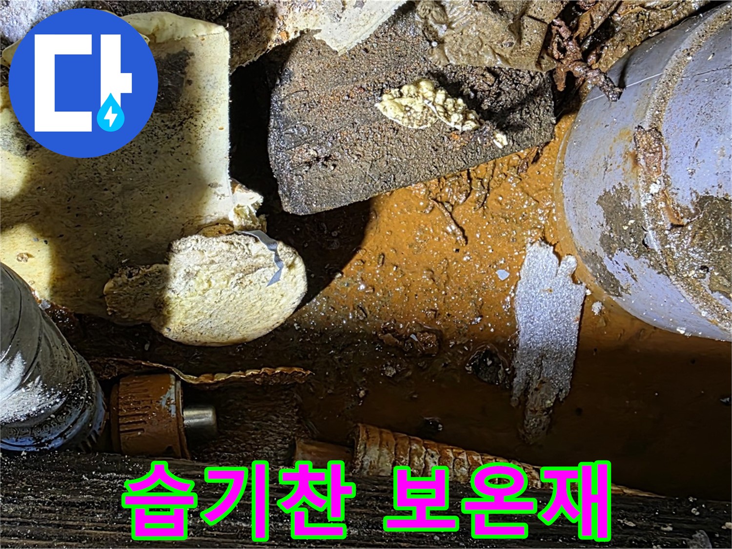 용인 처인구 원삼면 누수 현장 - 습기찬 보온재와 낡은 배관 - 초기 누수 증상일 수 있습니다.