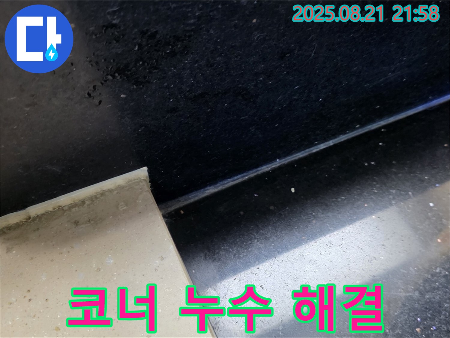 일산 하이파크 누수 현장 - 곰팡이 핀 욕실 코너 타일 틈새를 통해 누수 위치를 파악하고 문제 해결을 위한 준비를 하는 모습 - 이제 걱정 마세요!