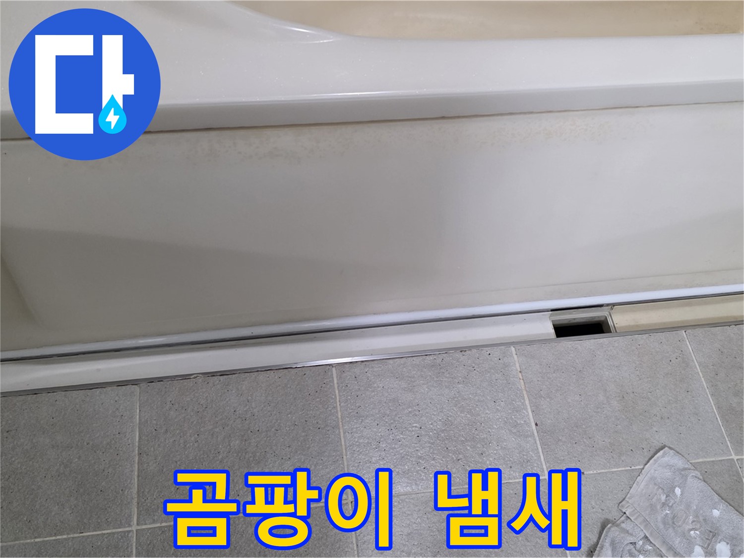 분당 운중동 산운마을 6단지에서 욕조 하부 누수 점검 중 점검구 주변 곰팡이 냄새를 확인하는 모습입니다 - 곰팡이 냄새는 습기와 누수의 증거입니다.