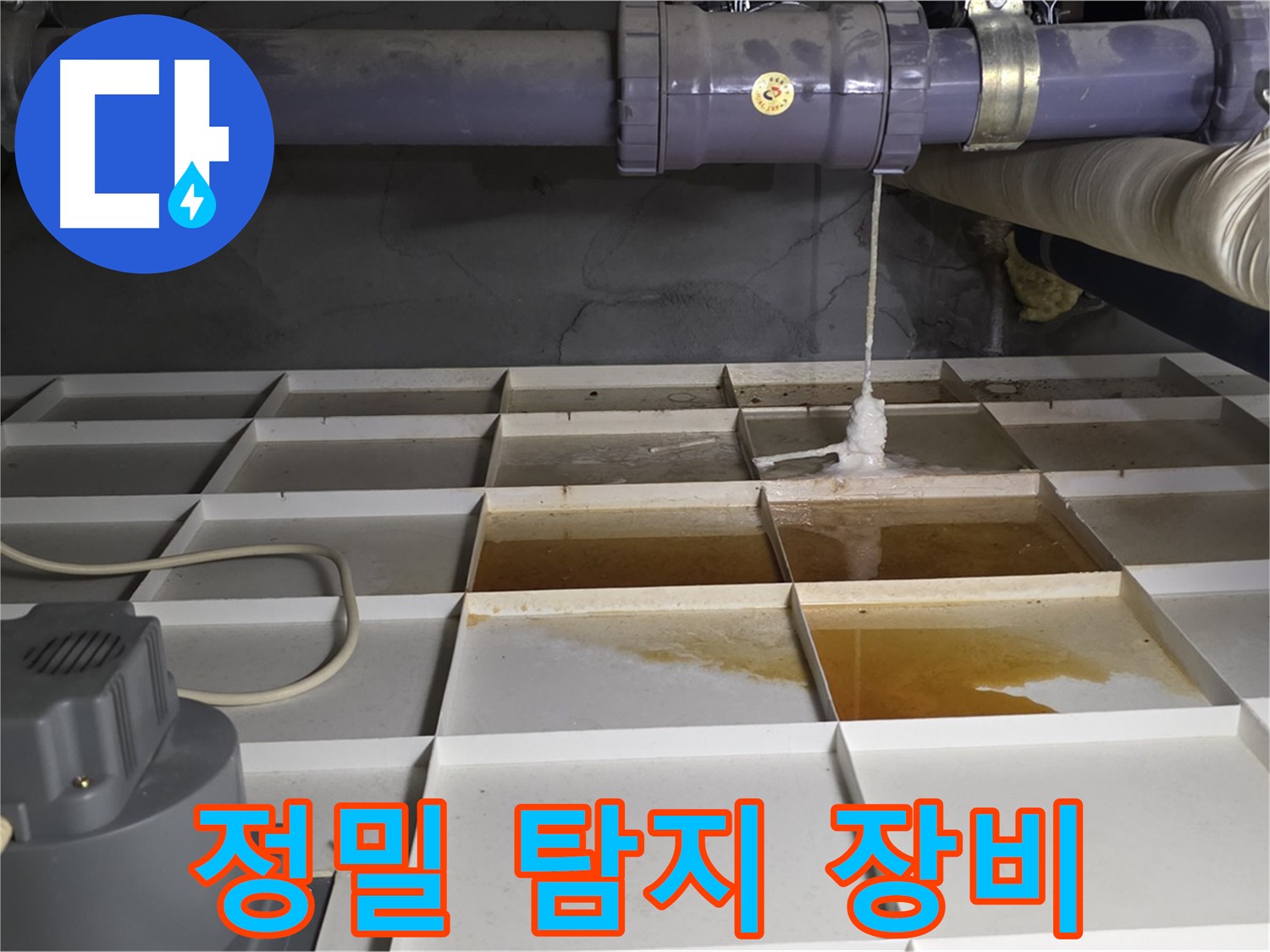 성남 분당 운중동 산운마을 6단지에서 정밀 탐지 장비를 사용하여 오수 역류를 진단하는 모습 - 정확한 원인 진단을 위한 필수 과정입니다.