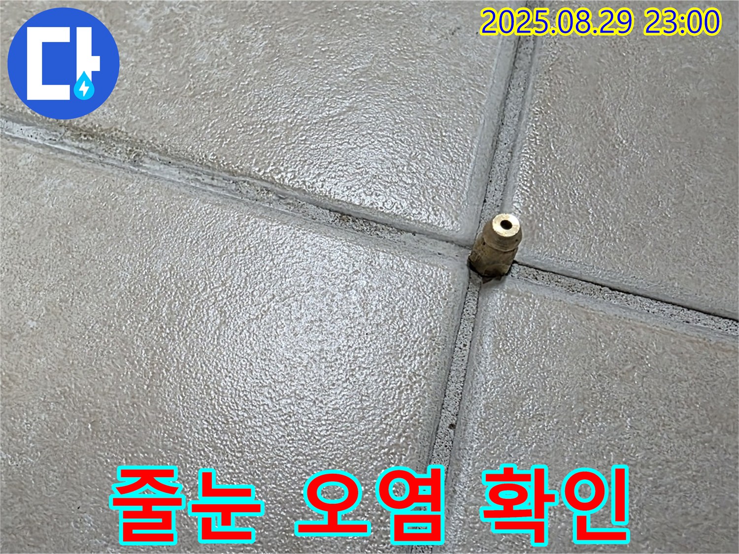 양주 백석 서광아파트 누수 - 압력 주입구 주변 타일 줄눈의 오염 상태를 확인하고 있습니다.