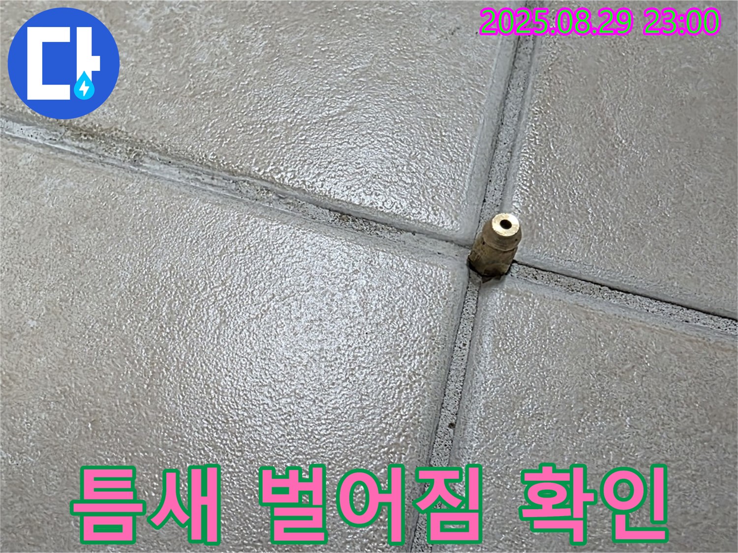 양주 백석 서광아파트 누수탐지 - 압력 주입구 주변 타일 틈새가 벌어져 있는지 확인하고 있습니다.