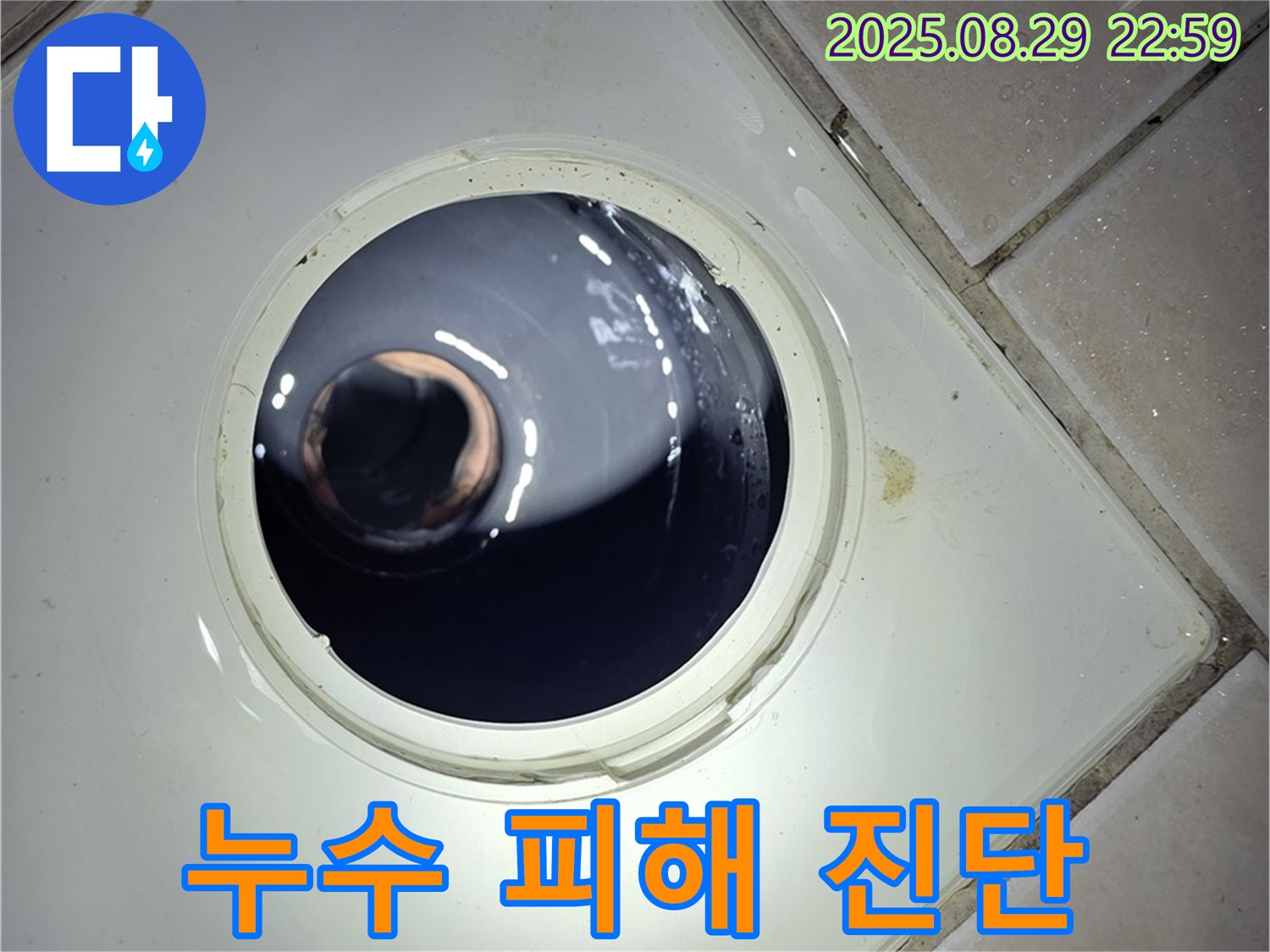 양주 백석 서광아파트 욕실 누수 - 하수구 배관 막힘으로 인해 아랫집에 누수 피해가 발생할 가능성을 진단합니다.