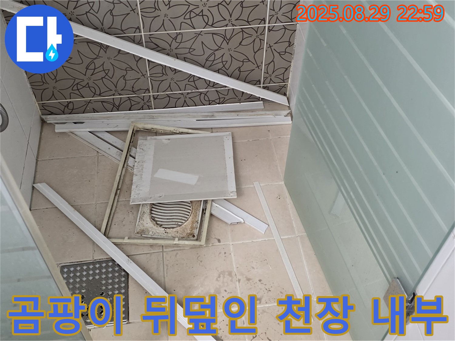양주 백석 서광아파트 욕실 - 천장 내부가 습한 환경으로 인해 곰팡이로 가득 차 있습니다.