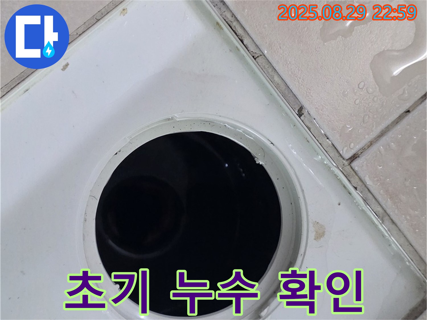 양주시 백석읍 봉암리 서광아침의빛아파트 104동 욕실 - 배수구 주변의 초기 누수 상황을 확인하고 있습니다 - 주변 타일에 물기가 남아있습니다.