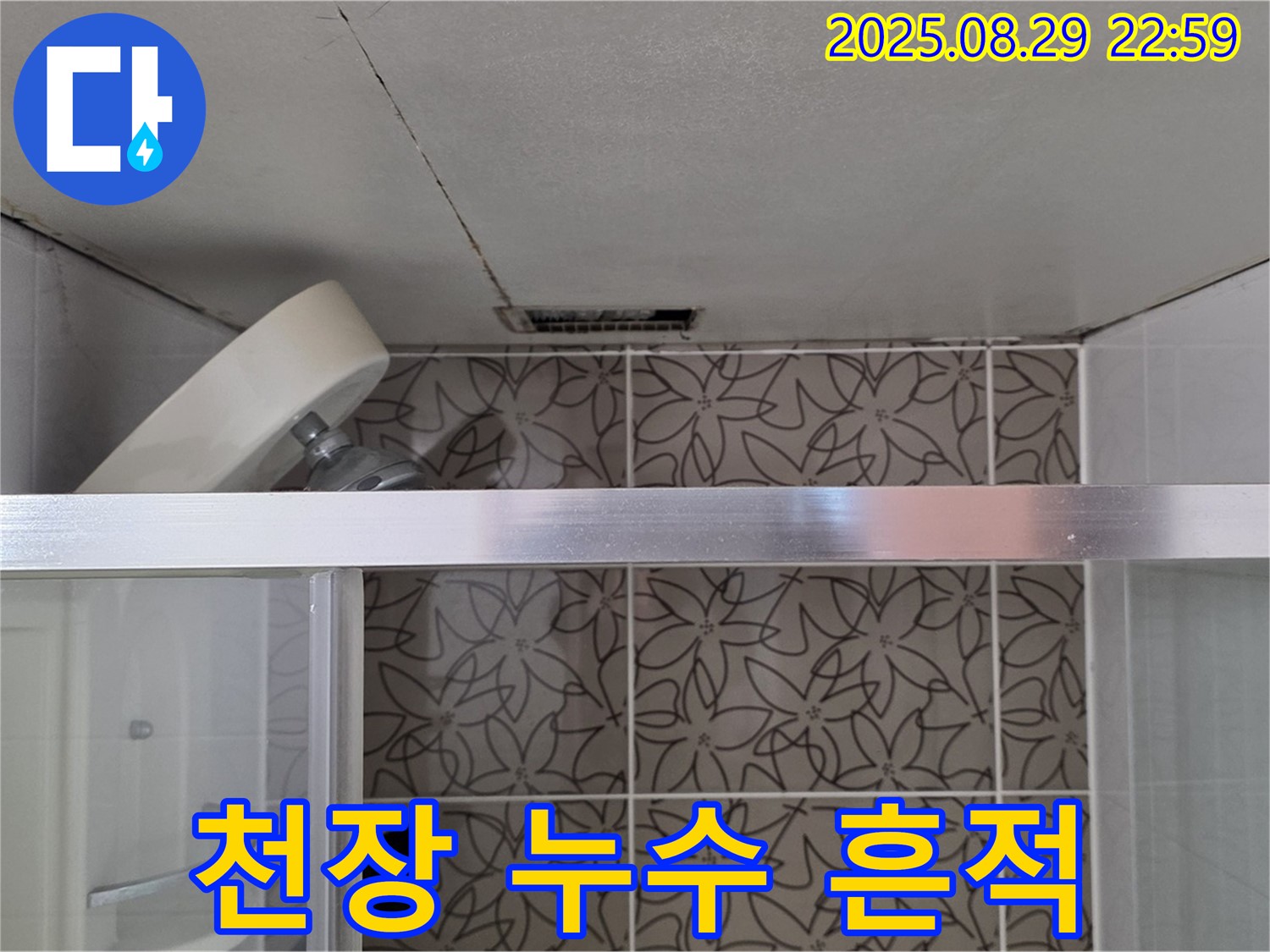 양주시 백석읍 서광아파트 욕실 천장 누수 흔적 발견 사진 - 천장에 나타난 누수 흔적을 자세히 보여줍니다.