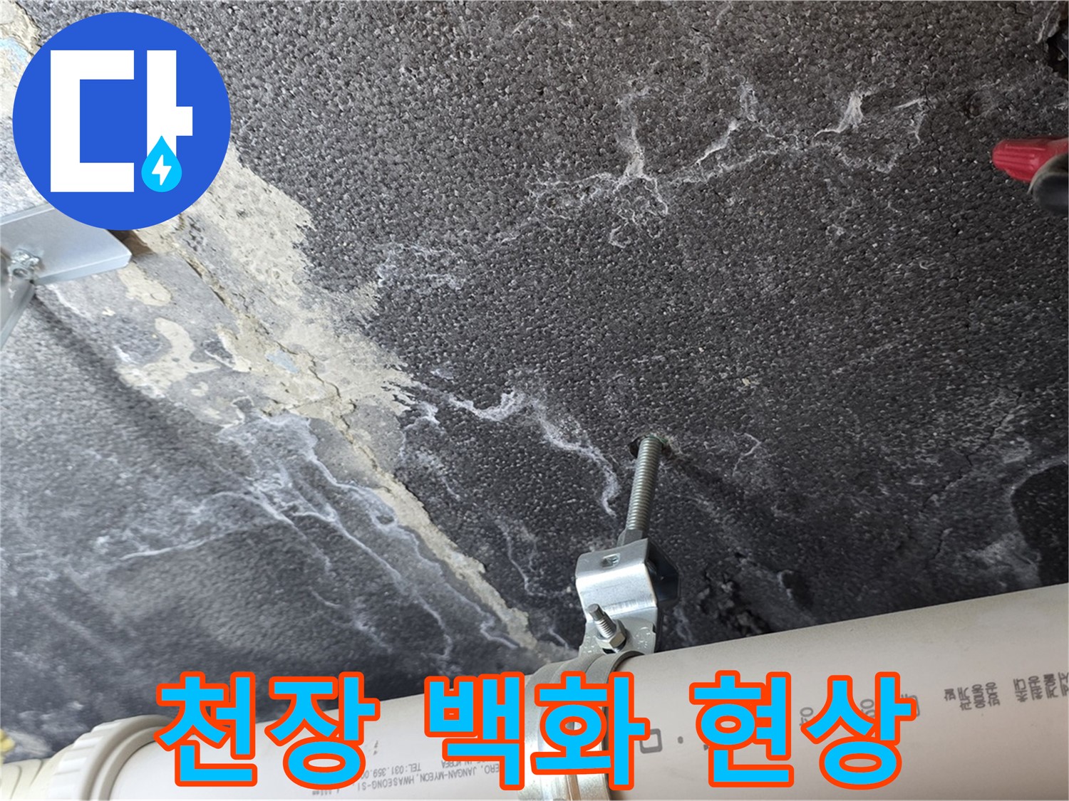 천장 콘크리트의 백화 현상 - 누수로 인해 발생한 석회 성분 침전물입니다.
