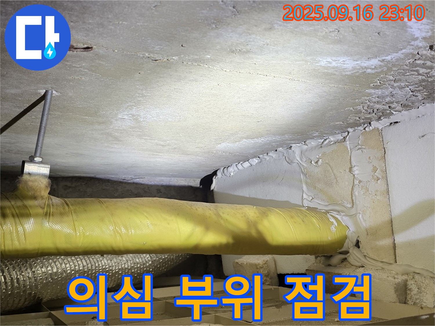 의심 부위 점검 - 천장 누수 의심 부위를 집중적으로 점검하는 모습