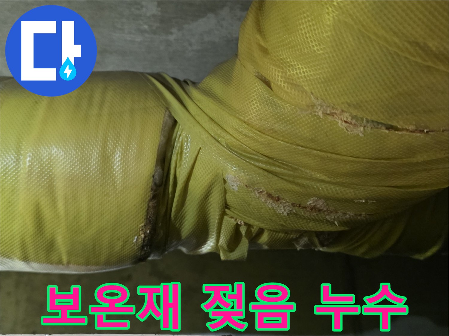 젖은 배관 보온재 - 연결 부위 누수를 의심하고 즉시 점검해야 합니다.