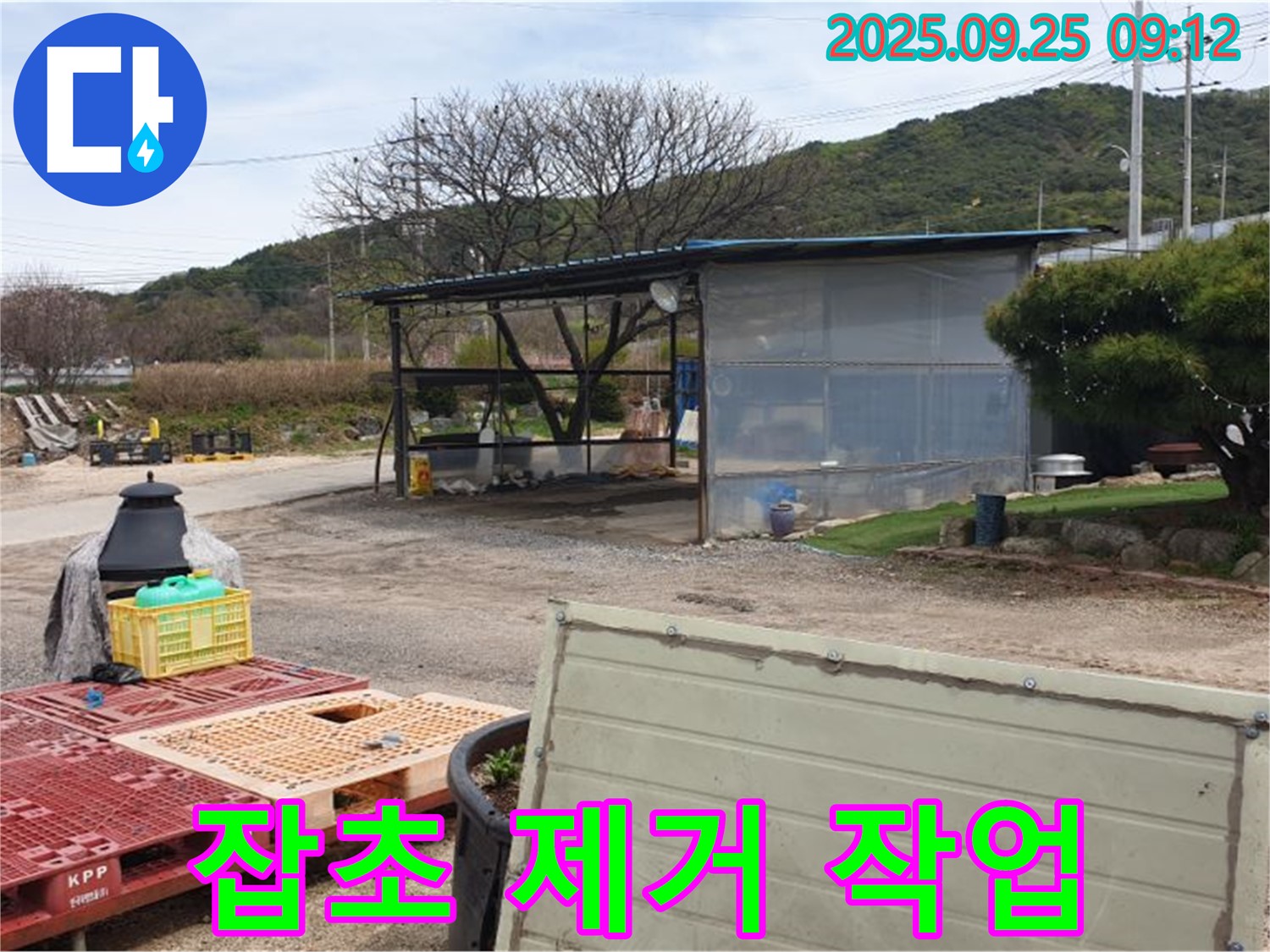 양주시 백석읍 舊복지리 누수 현장에서 간이 작업장 주변의 잡초를 제거하고 정리하는 모습 - 깔끔하게 정리!