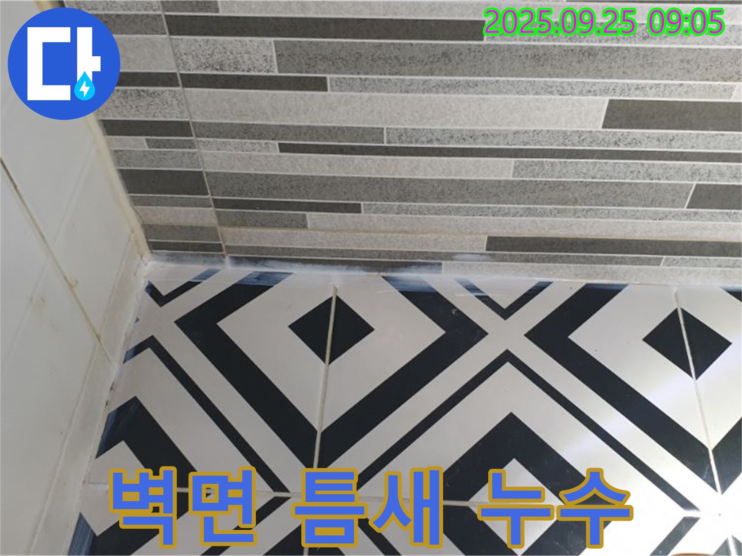 타일 벽면 틈새 누수 - 타일 사이 틈새의 손상으로 인한 누수 발생 지점을 보여주는 이미지입니다.