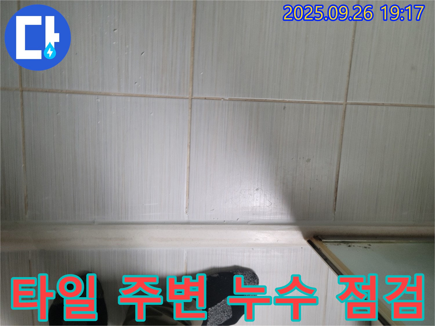 동두천 강변로 누수 현장 - 타일 주변을 꼼꼼하게 점검하며 누수 지점을 찾고 있습니다.