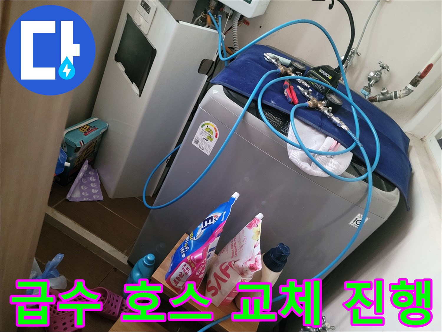 동두천 강변로 세탁기 급수 호스 손상 - 손상된 호스를 새 것으로 교체하여 누수 문제를 해결합니다.