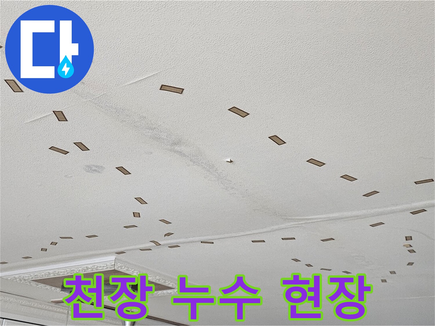 천장 누수 현장 - 도봉동 현대시티 아파트 천장에서 발생한 누수 현장을 보여주는 사진입니다. 누수 범위가 넓어 보입니다.