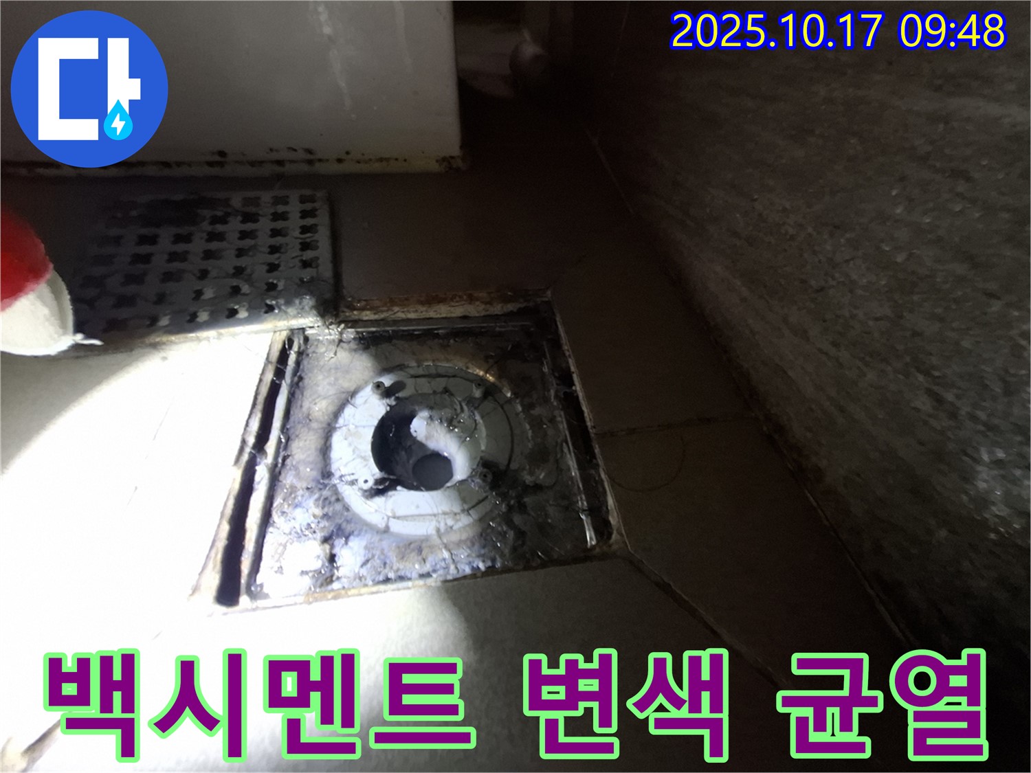 분당 삼평동 봇들마을 - 욕실 배수구 주변 백시멘트 변색 및 균열 상태를 정밀 점검하고 있습니다.