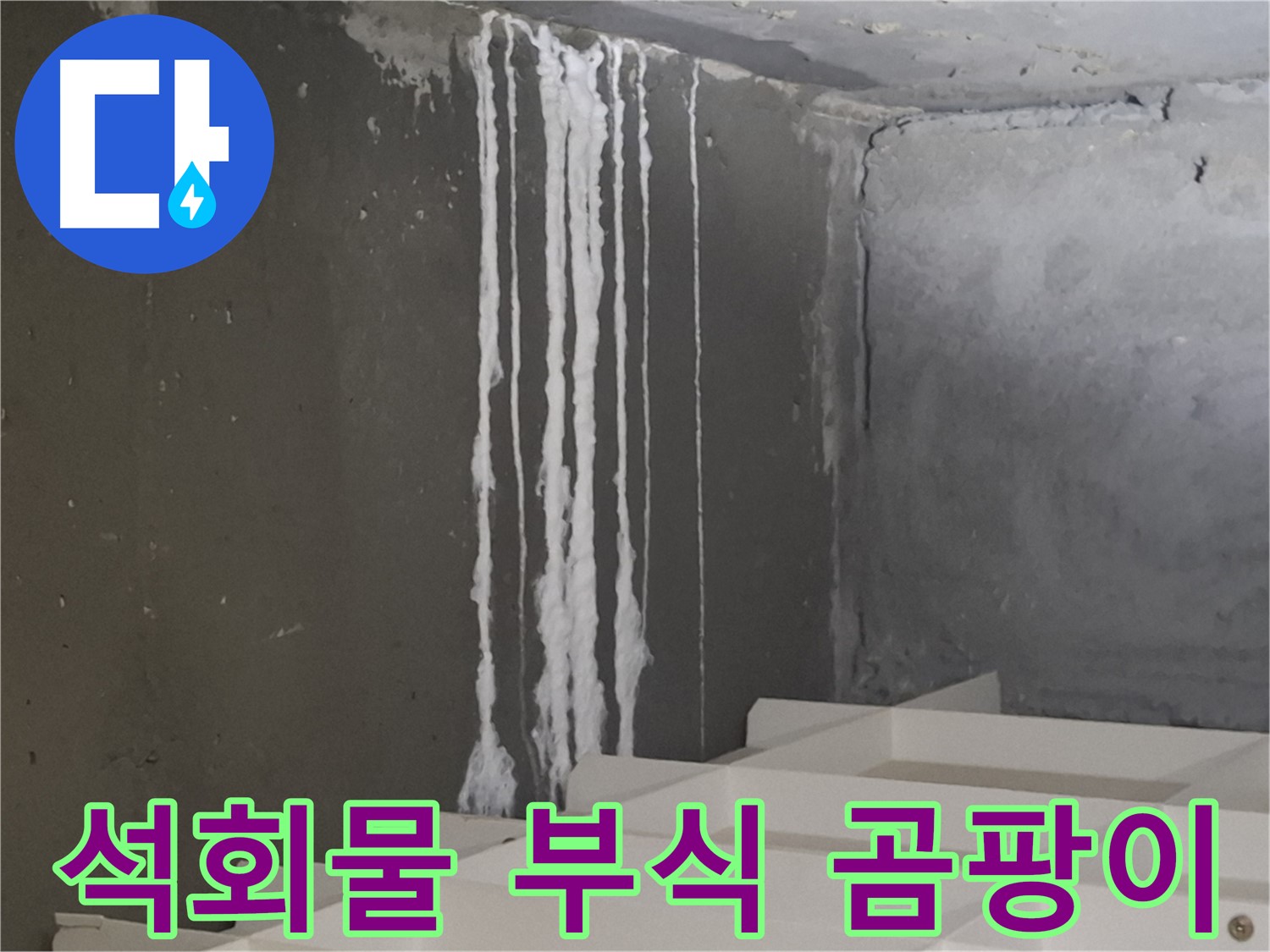 성남시 분당구 삼평동 아파트 누수 - 계단 '하얀 석회물' 누수! 건물 부식과 곰팡이 발생을 촉진합니다.