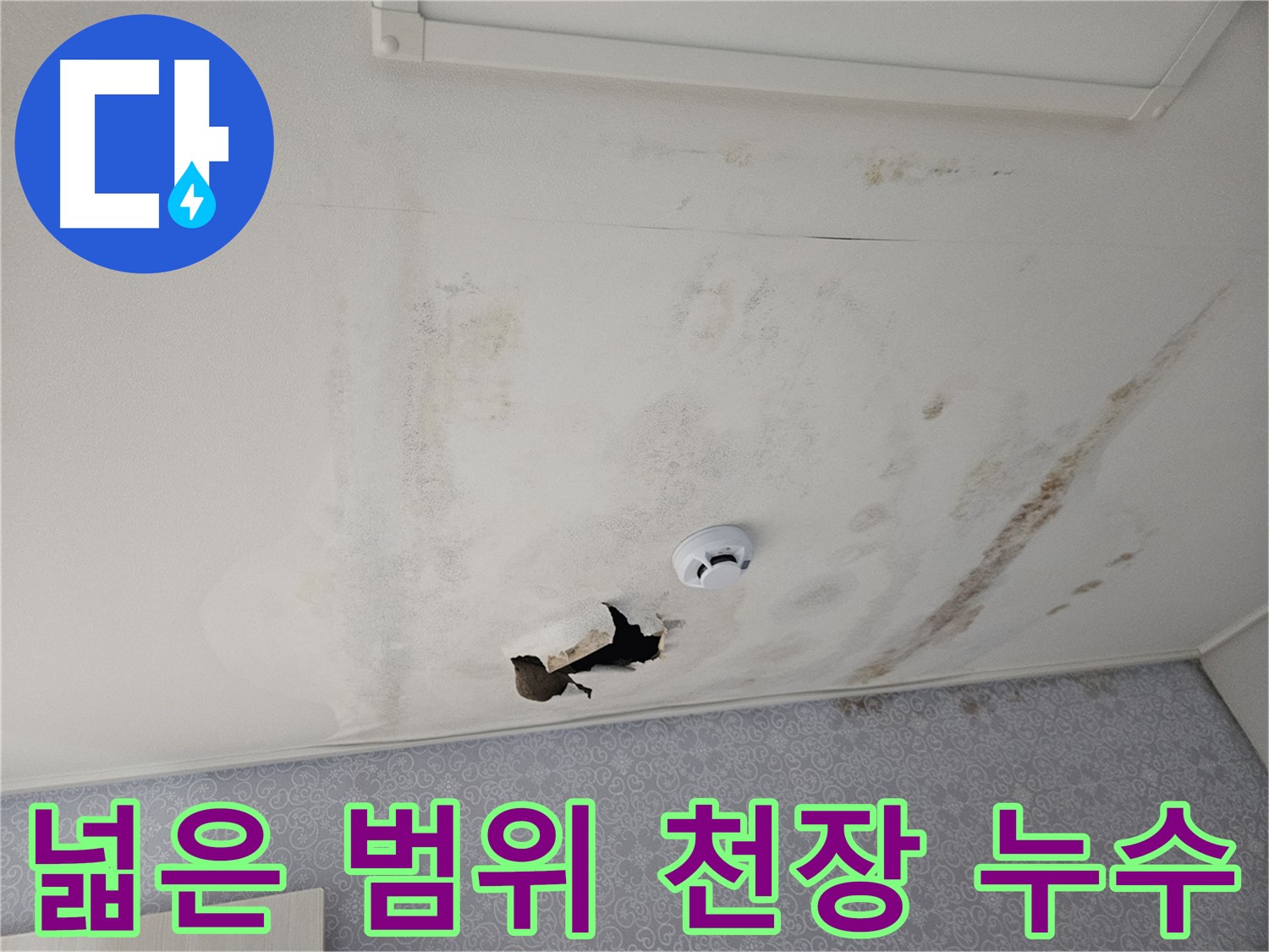 강동구 천중로 아파트 천장 누수 - 누수 범위가 넓어 천장 전체가 젖어 있는 상태 - 건물 안전에 문제가 생길 수 있습니다