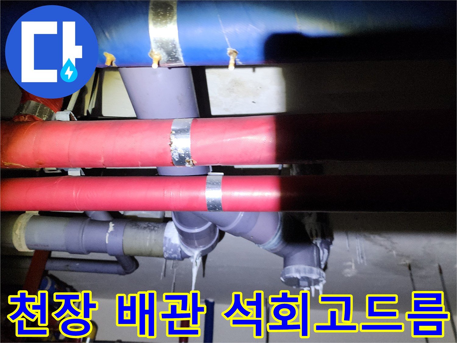 배관을 타고 내려온 물이 굳어 생긴 백색 고드름