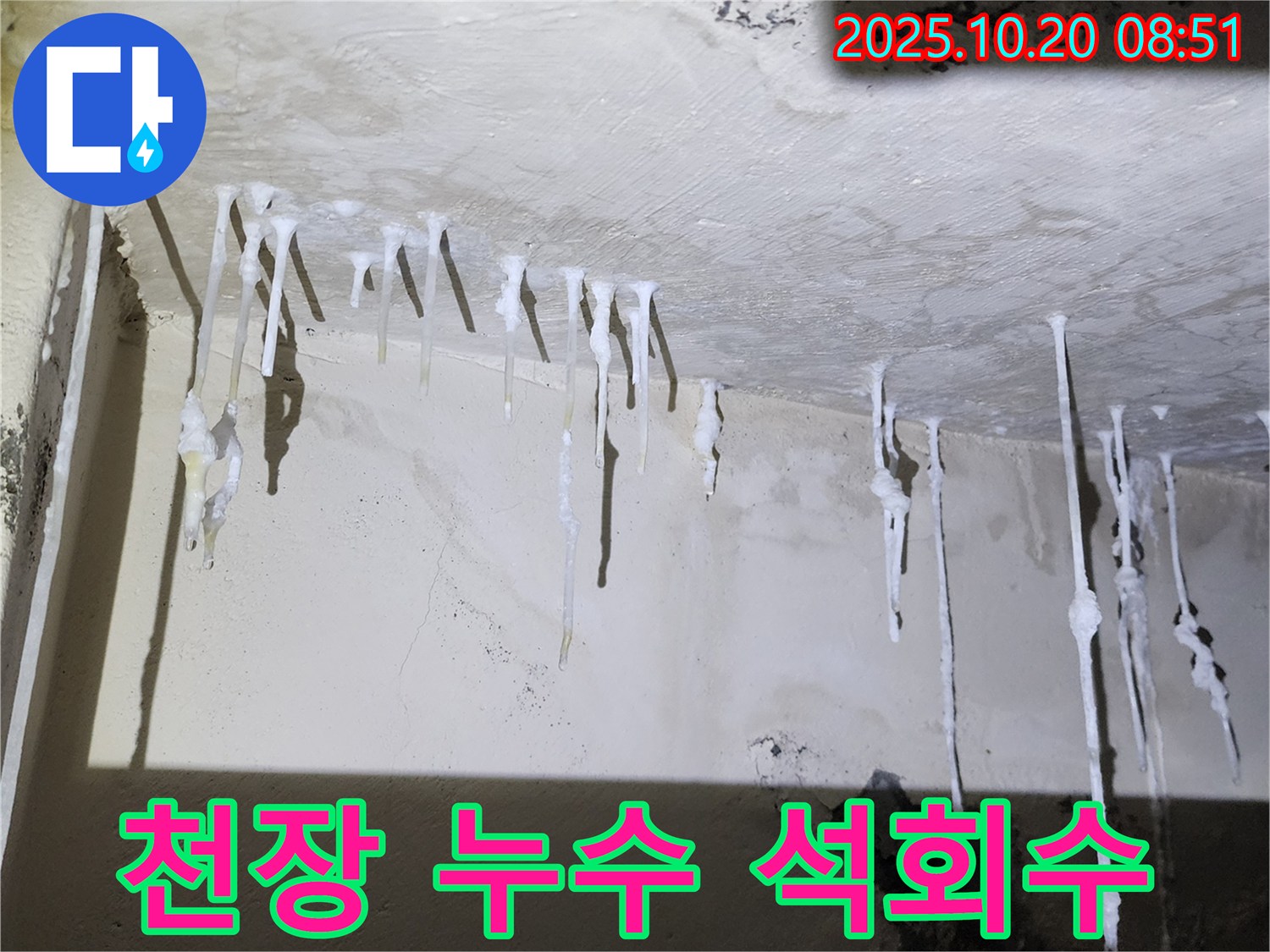 양주시 장흥면에서 발생한 천장 누수 현장 - 석회수 고드름이 누수 원인을 알려줍니다.