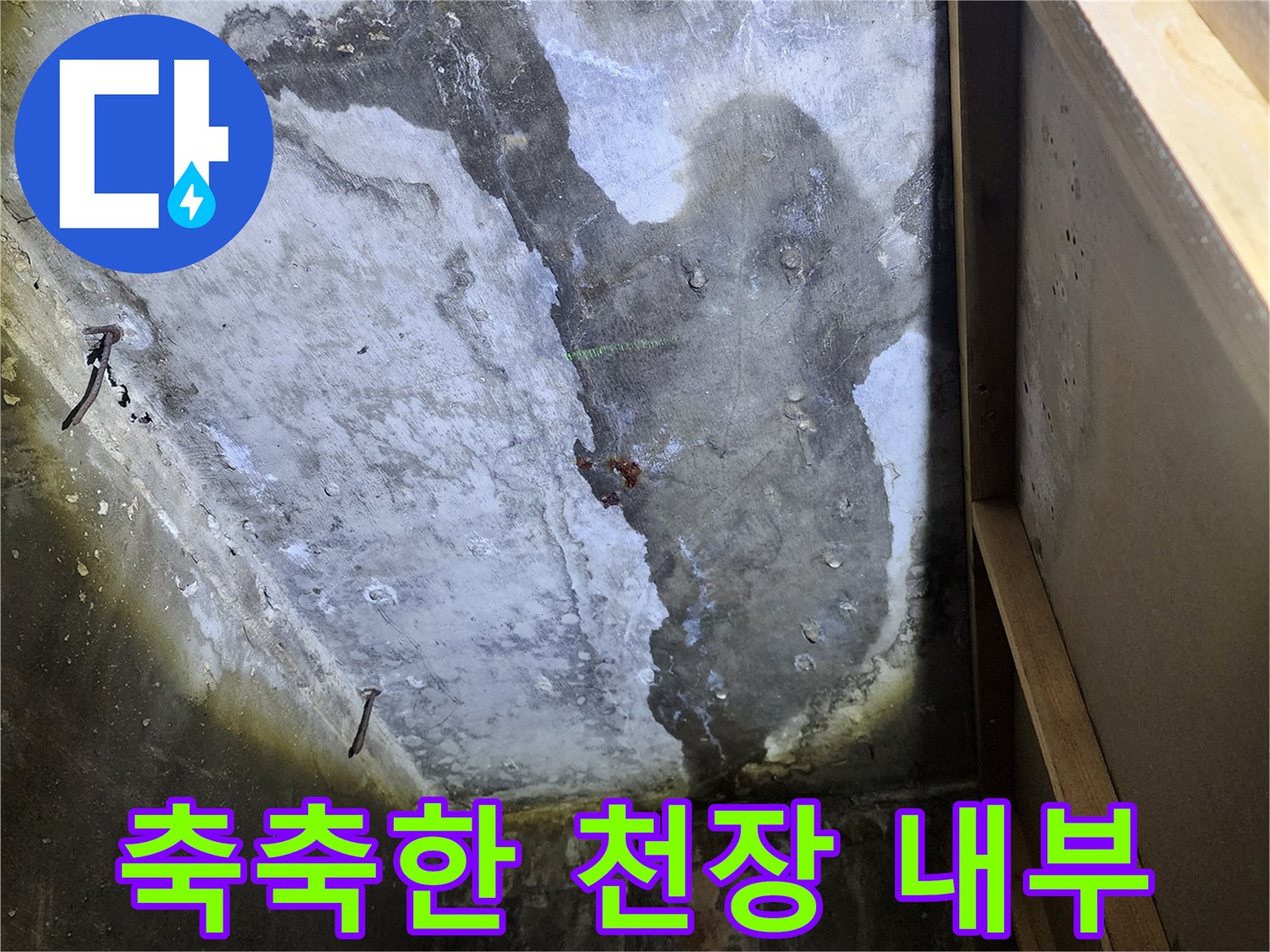 물기가 침투하여 변색된 건물 천장 콘크리트 면
