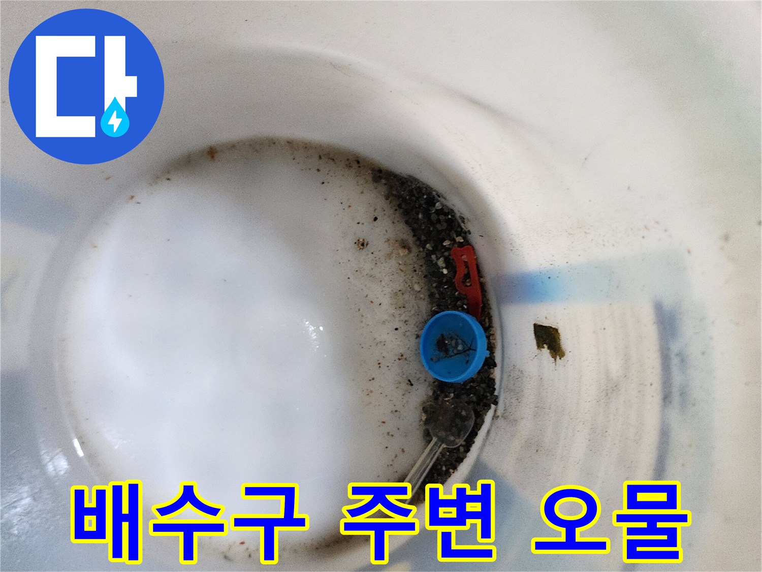 배수구 내부의 파란색 캡과 쌓여있는 이물질 상태를 보여주는 사진