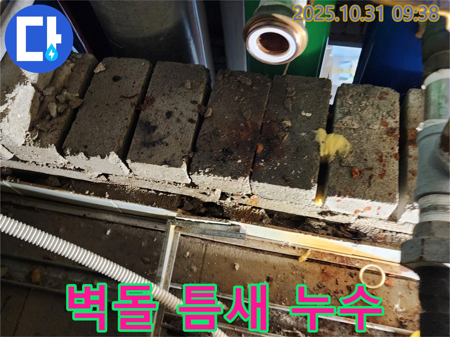 벽돌 틈새 누수 - 천장 벽돌 틈새에서 누수가 발생하고 있습니다.