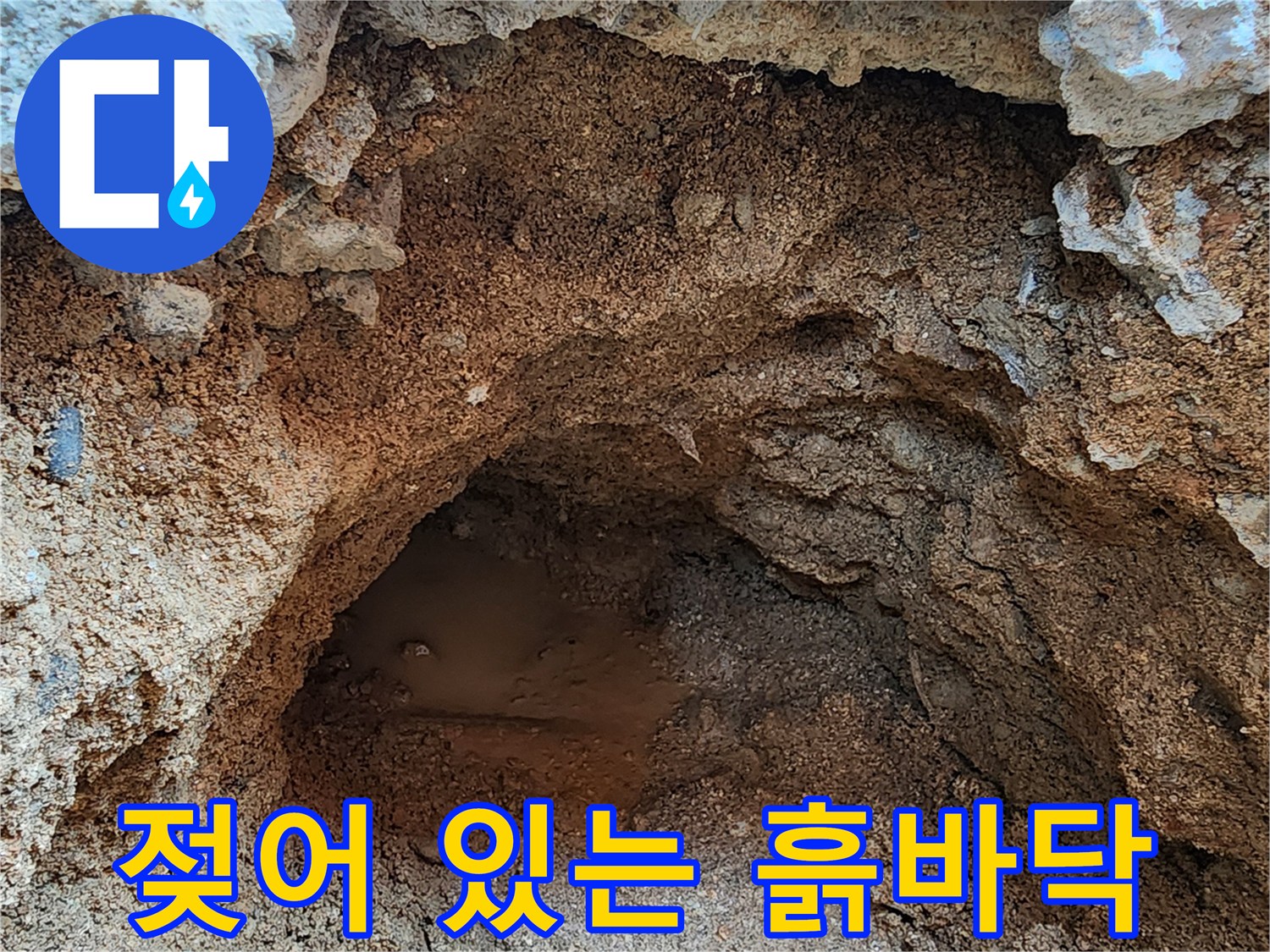 물샘 지점 확인을 위해 파헤쳐진 젖은 흙과 콘크리트 단면