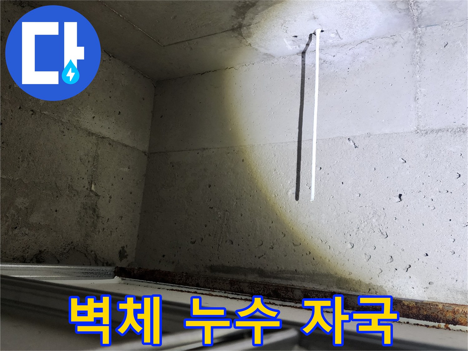 누수 진단-습기로 인해 하얗게 얼룩진 콘크리트 벽면 상태
