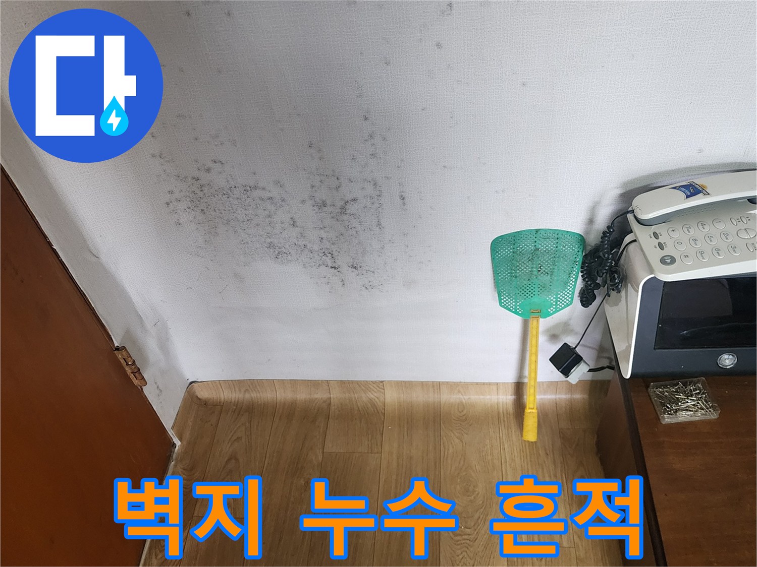 물샘 현상으로 인해 변색되고 곰팡이가 피어있는 흰색 벽지 모습