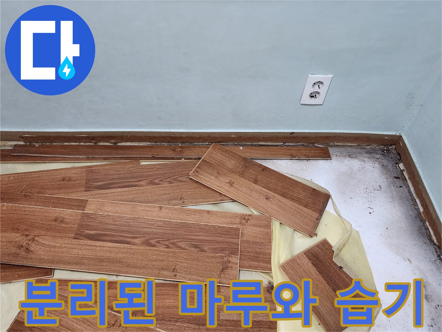 젖은-상태의-콘크리트-바닥과-제거된-강마루-자재들