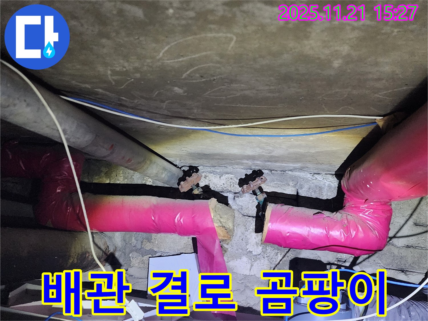 가산면 정교리 누수 - 배관 표면에 결로가 심하게 발생하여 곰팡이가 핀 모습입니다.