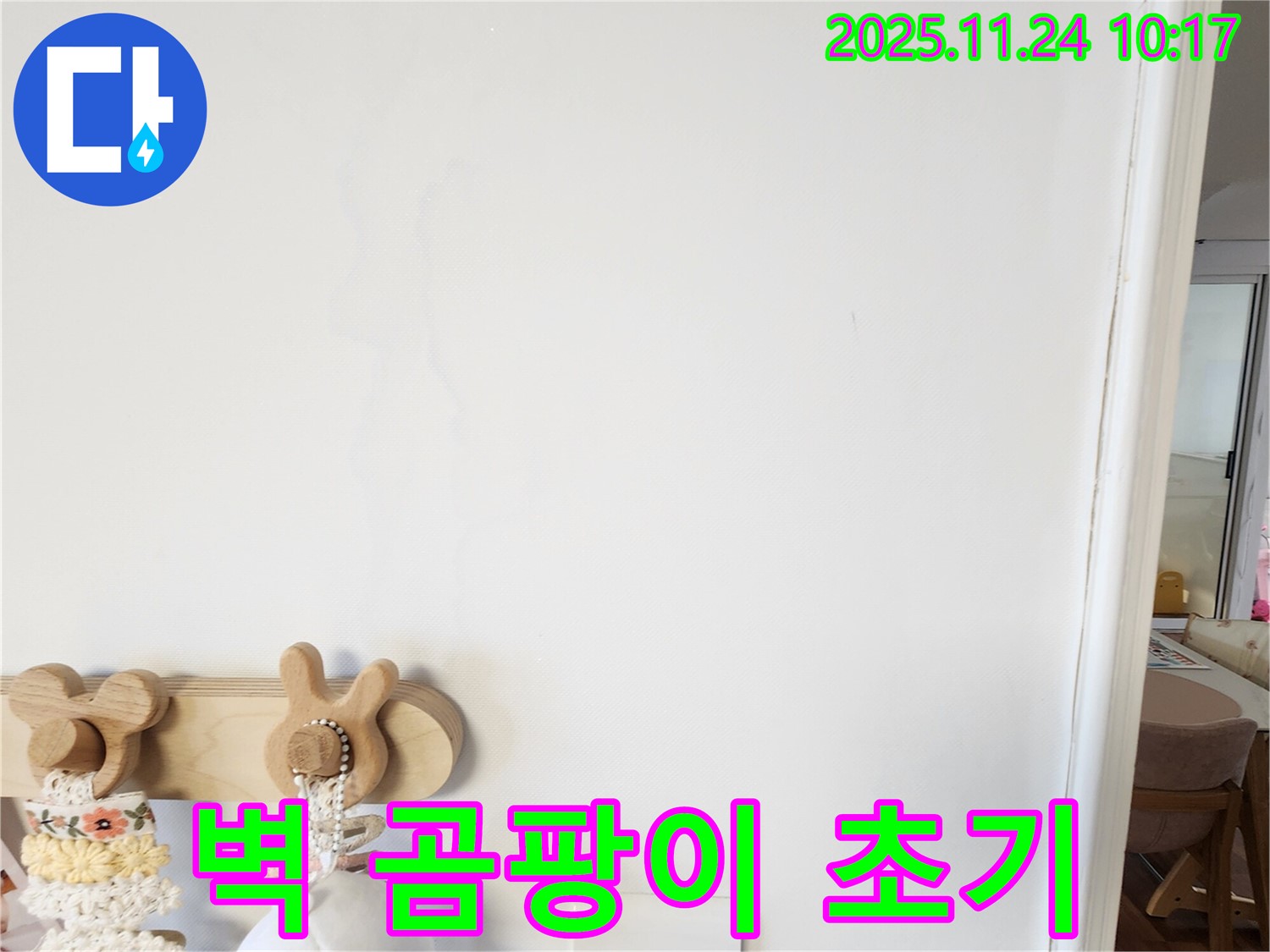 벽에 곰팡이 초기 증상이 보이는 사진 - 포천시 금현리에서 누수탐지 전문 업체가 벽에 곰팡이 초기 증상이 나타난 원인이 누수인지 확인하는 모습입니다.
