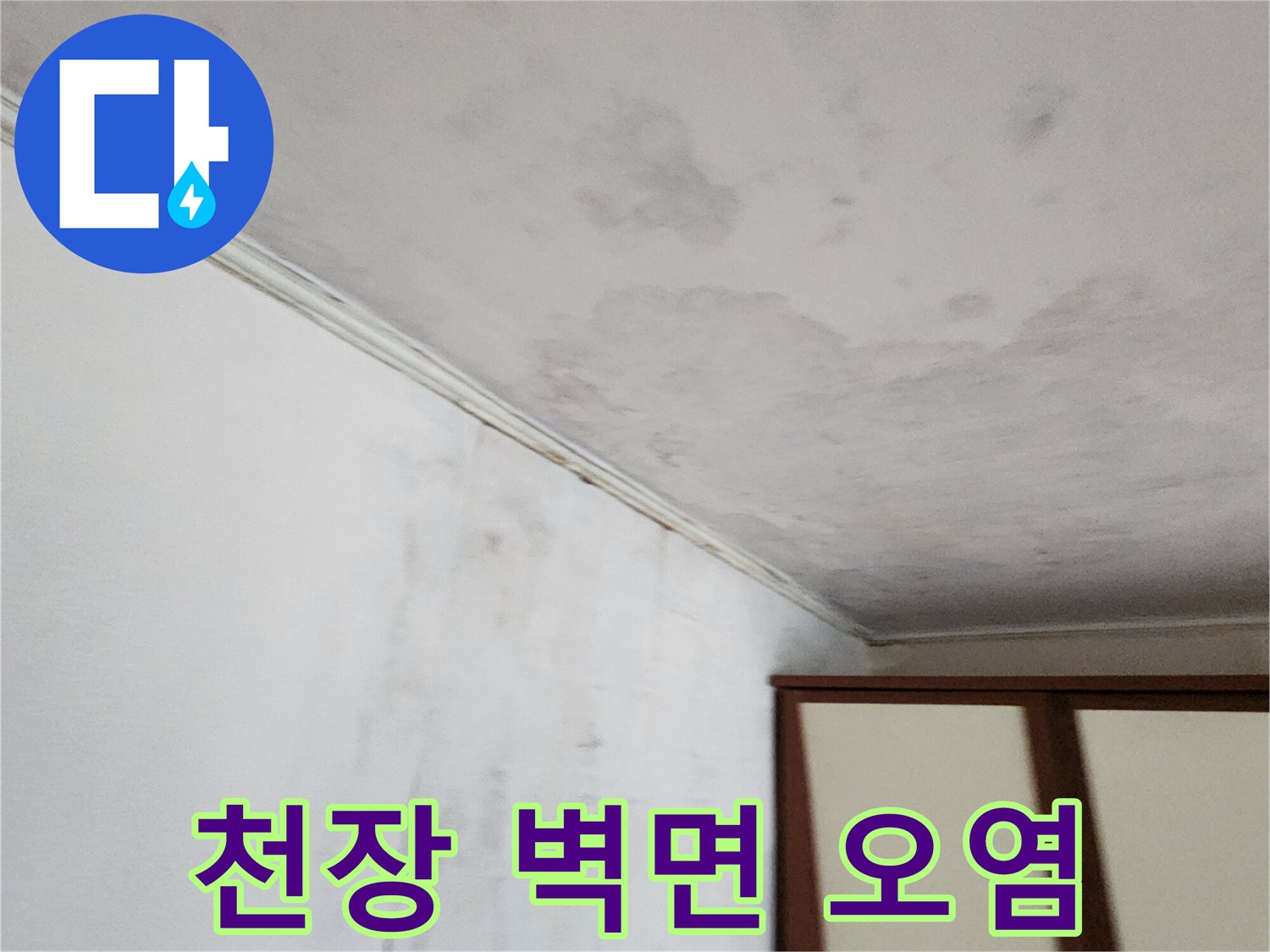 곰팡이로 인해 변색된 천장과 상단 벽지 사진