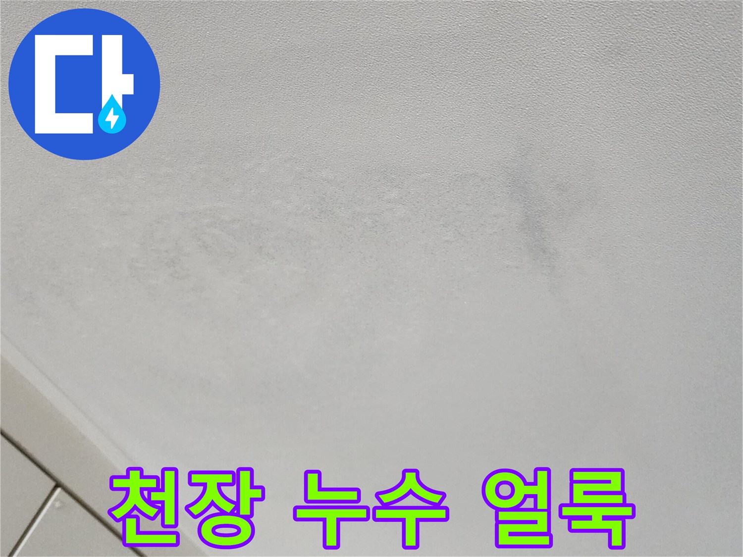 천장 벽지 윗부분의 어두운 습기 얼룩 부위