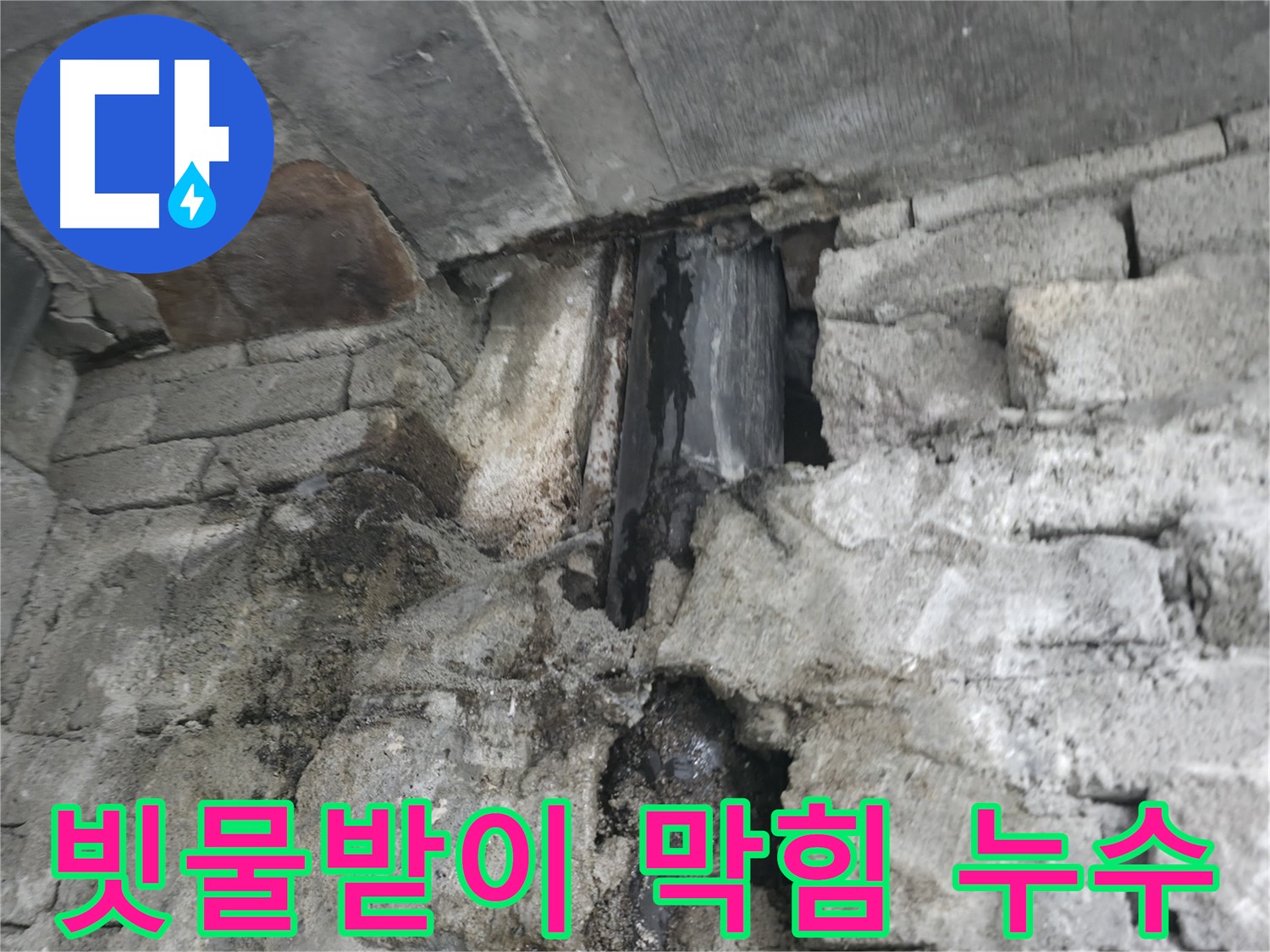 빗물받이 막힘으로 인한 옥상 누수 - 빗물받이가 막혀 옥상에 물이 고여 있습니다 - 꼼꼼한 빗물받이 청소가 필요합니다.