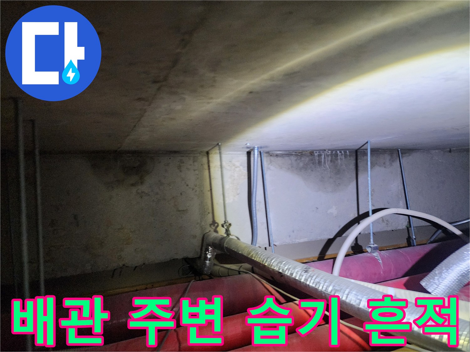 포천 신북면 현장의 천장 배관 주변에 남은 습기 흔적과 배관 상태