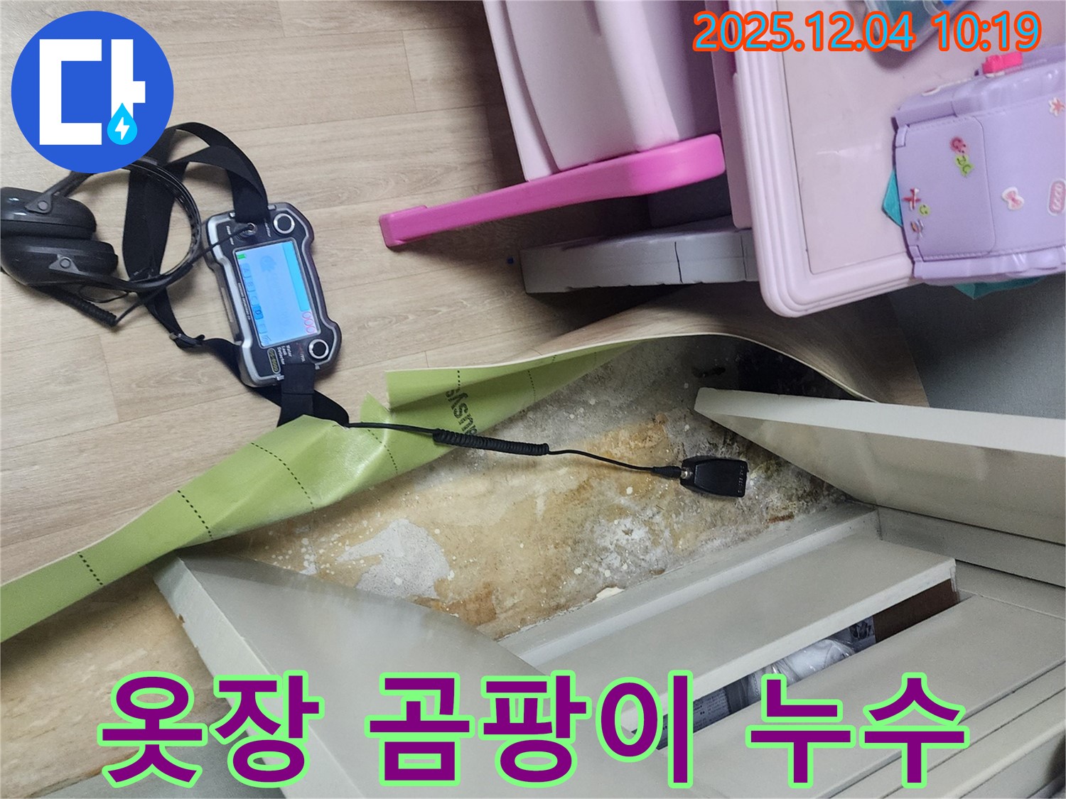 포천시 일동면 유동리 누수탐지 - 옷장 밑 곰팡이, 누수 때문인지 꼼꼼하게 확인 중
