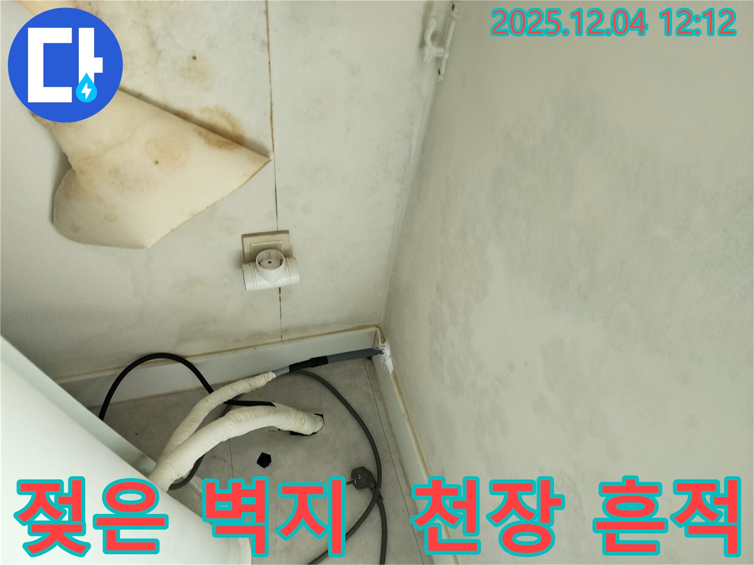 경기도 포천시 일동면 기산리 주택 누수 - 젖은 벽지와 천장 누수 흔적을 통해 누수 상황을 확인하고 있습니다.