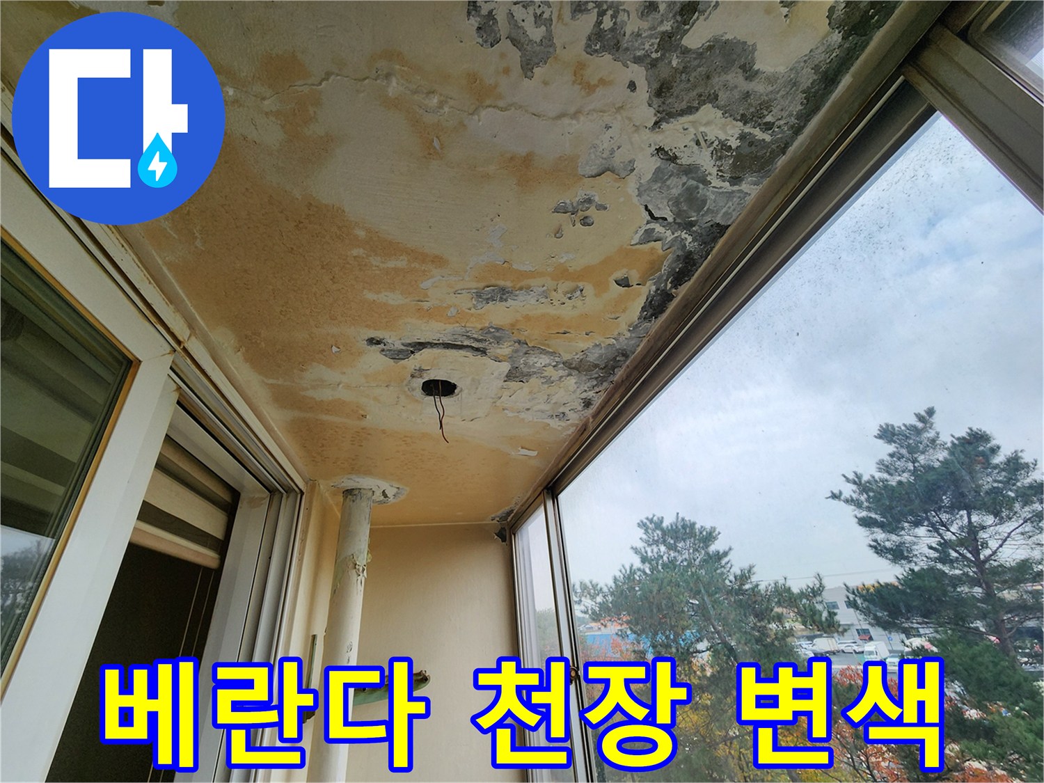 물샘 흔적이 역력한 베란다 천장의 곰팡이와 얼룩
