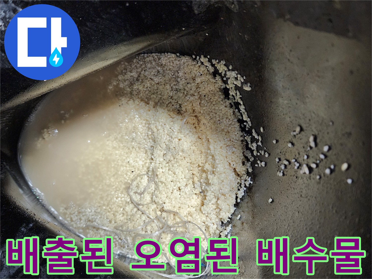 배관 청소 후 수거된 탁한 물과 슬러지 덩어리들