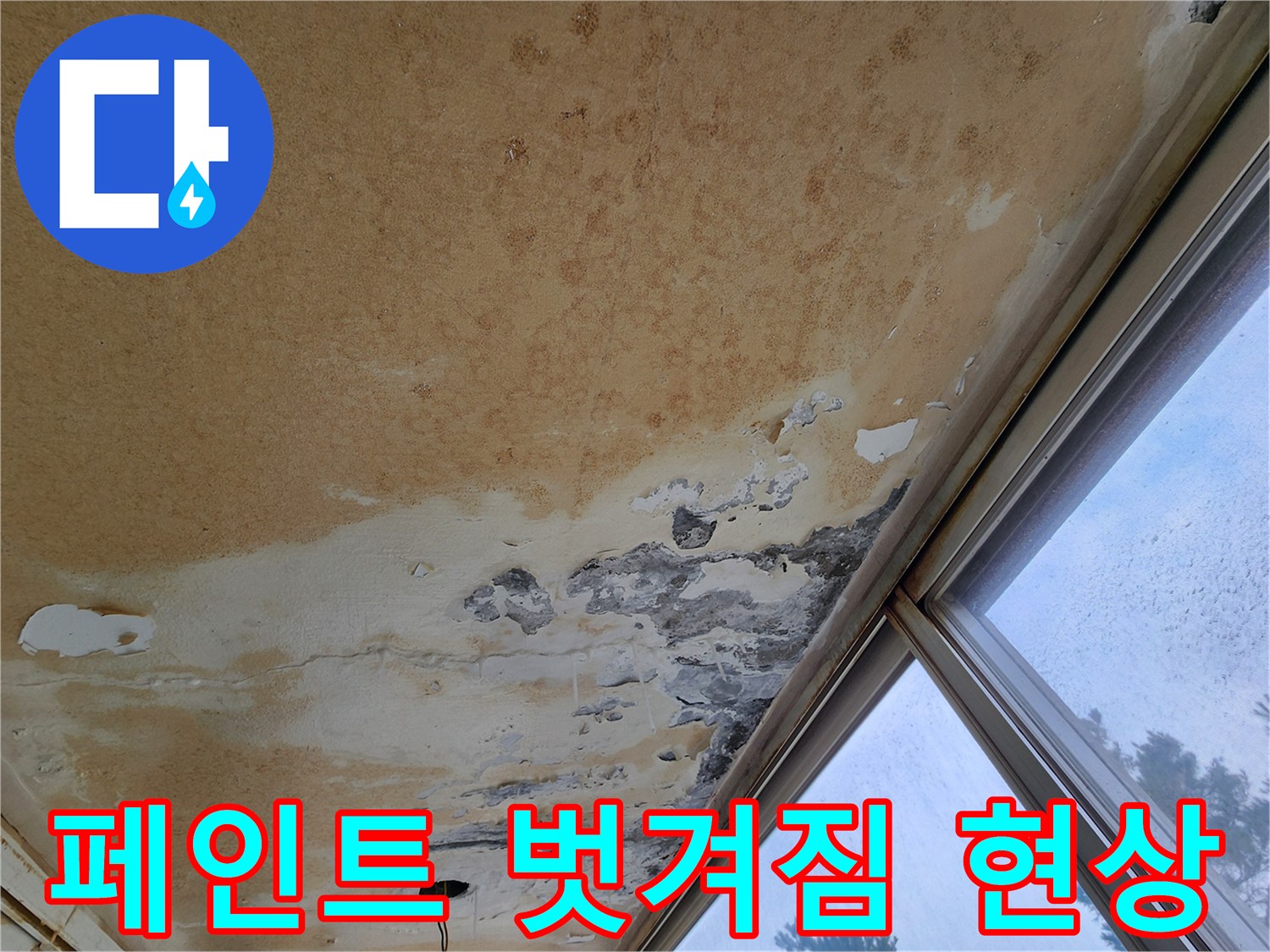 베란다 천장 마감-벗겨지고 떨어진 페인트 조각들