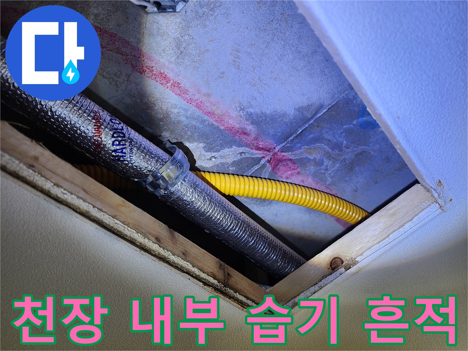 은색 보온 배관과 노란색 호스 주변에 나타난 젖은 듯한 얼룩