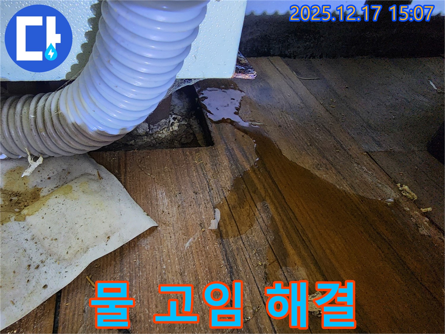 싱크대 아래에 물이 고여 있는 모습입니다 - 누수로 인해 곰팡이가 생길 수 있으므로 빠른 조치가 필요합니다.
