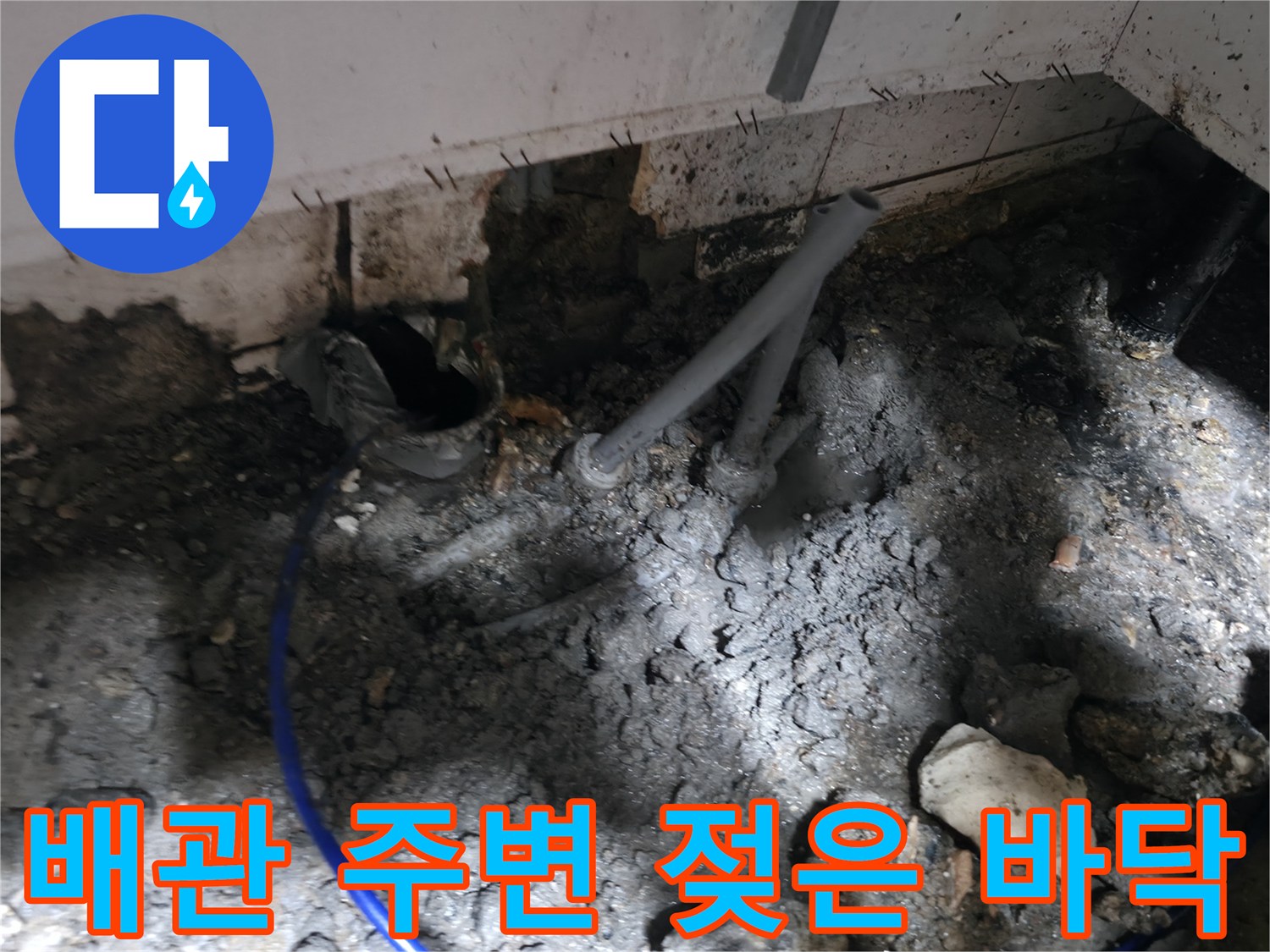 싱크대 배관 근처의 습한 바닥과 파헤쳐진 지점의 모습