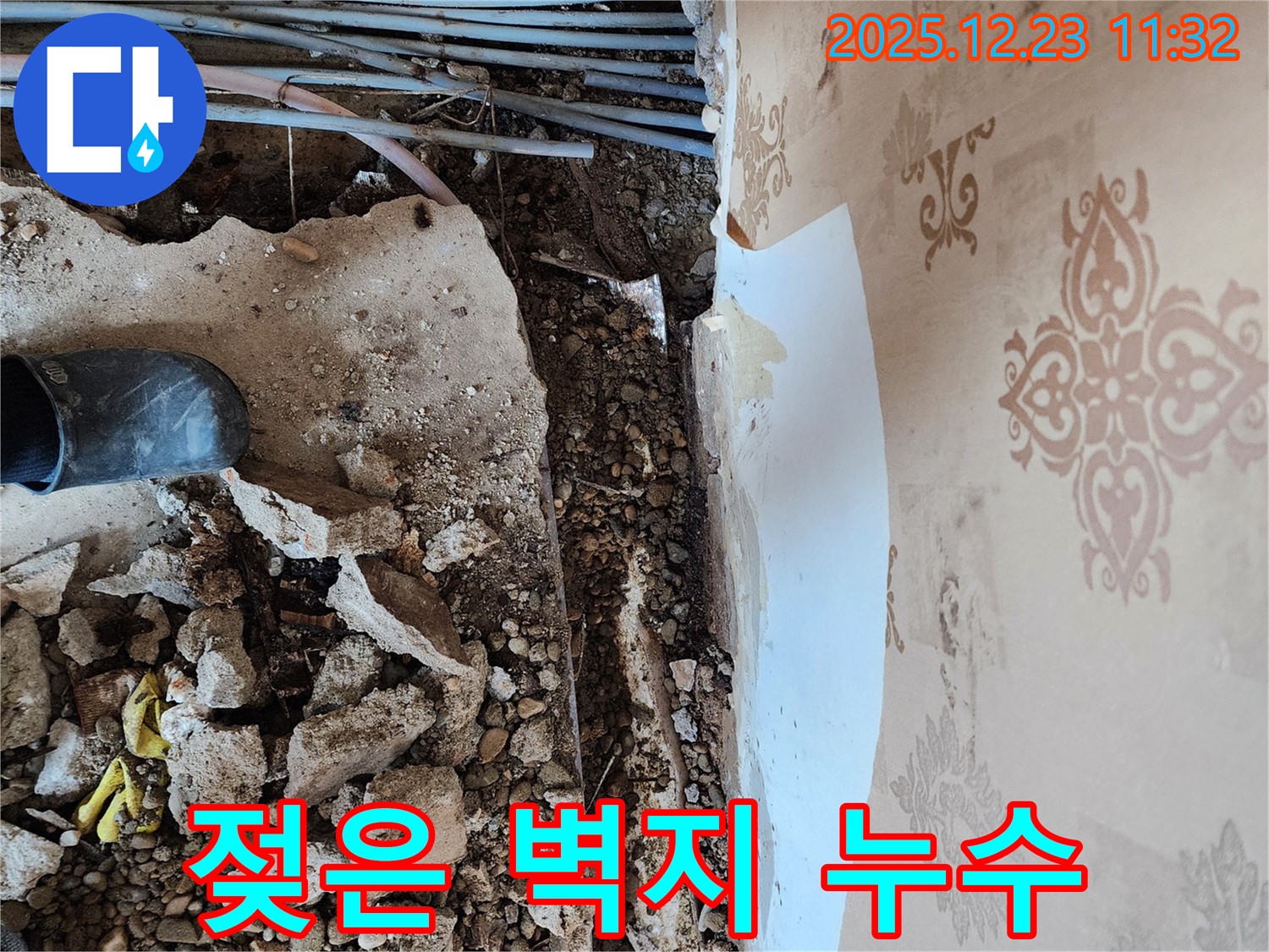 천장 누수 현장 - 낡은 벽지와 젖은 천장이 누수의 심각성을 보여줍니다.