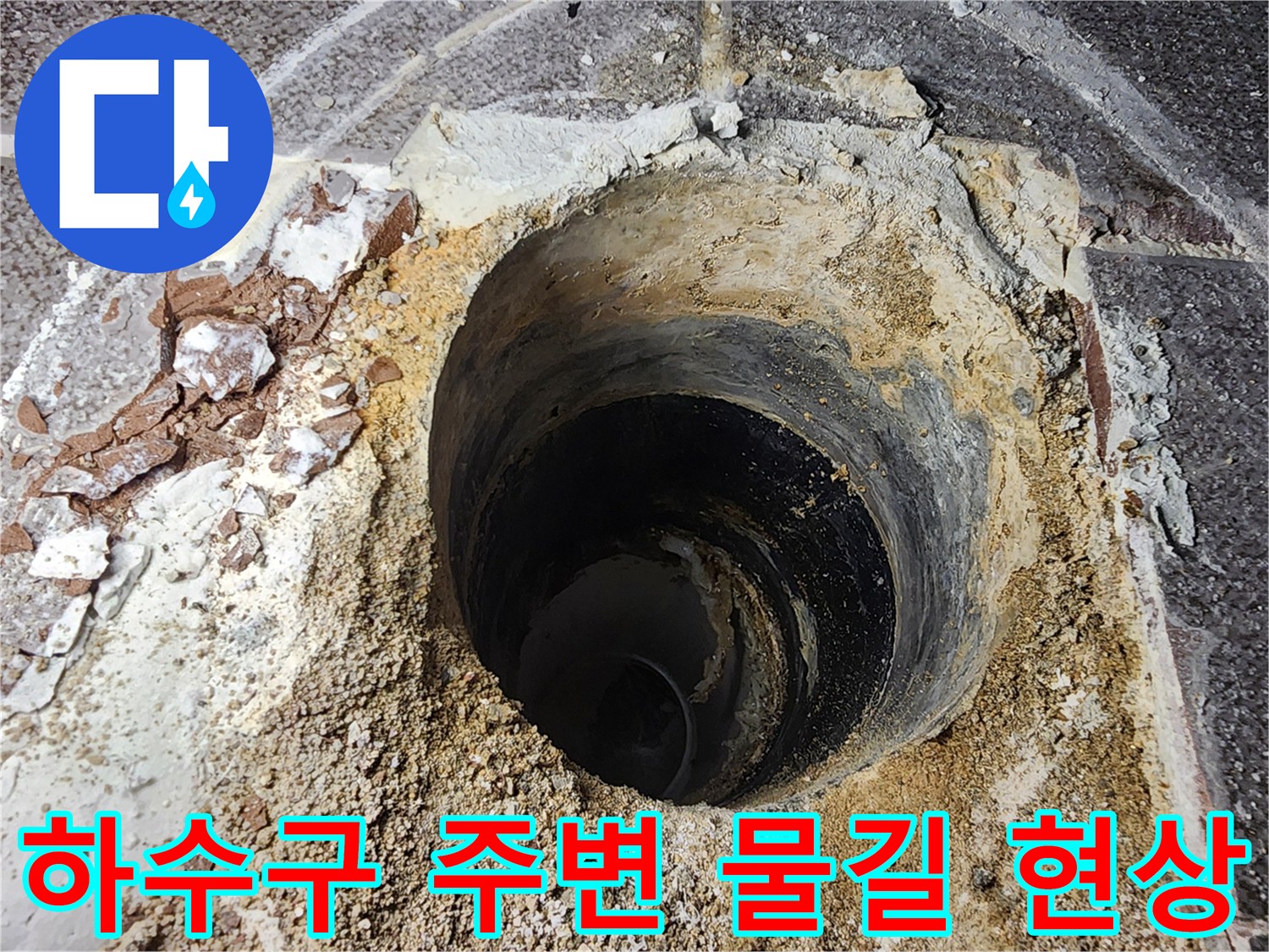 물길이 생겨 파여 있는 하수구 배관 주변의 모습